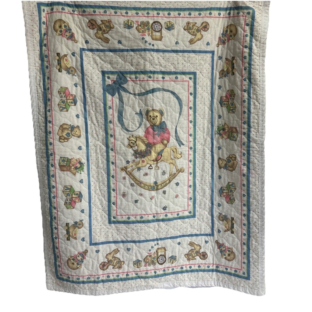 Vintage Baby Blanket White Blue Country Hearts Bear Horse 90s Ribbon Boys Girls